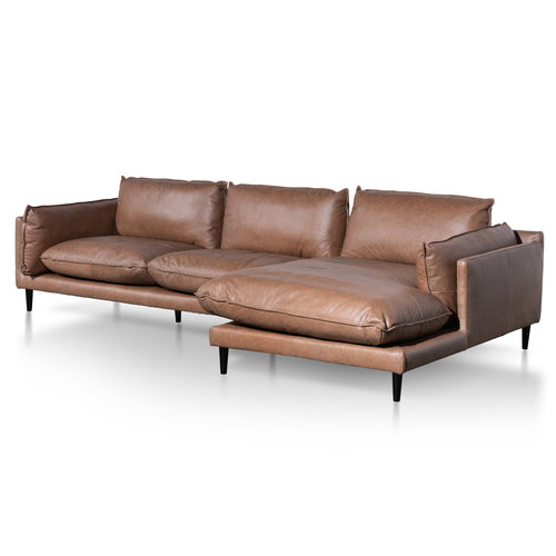 4 Seater Right Chaise Leather Sofa - Saddle Brown