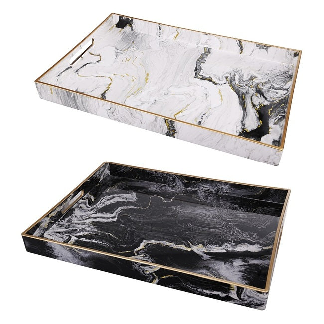 Marble Patterned Black & White set of 2 Rectangular trays-Find It Style It Home