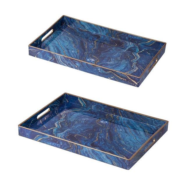 Marble Patterned Blue set of 2 rectangular trays-Find It Style It Home