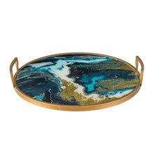 Abstract Blue & Gold Mirror Round Tray with handles-Find It Style It Home