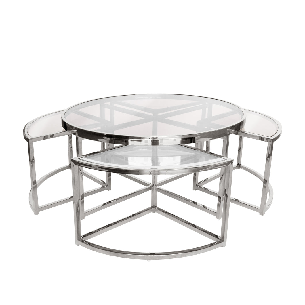 Silver Perugia Coffee Table 5 piece set– Clear Glass